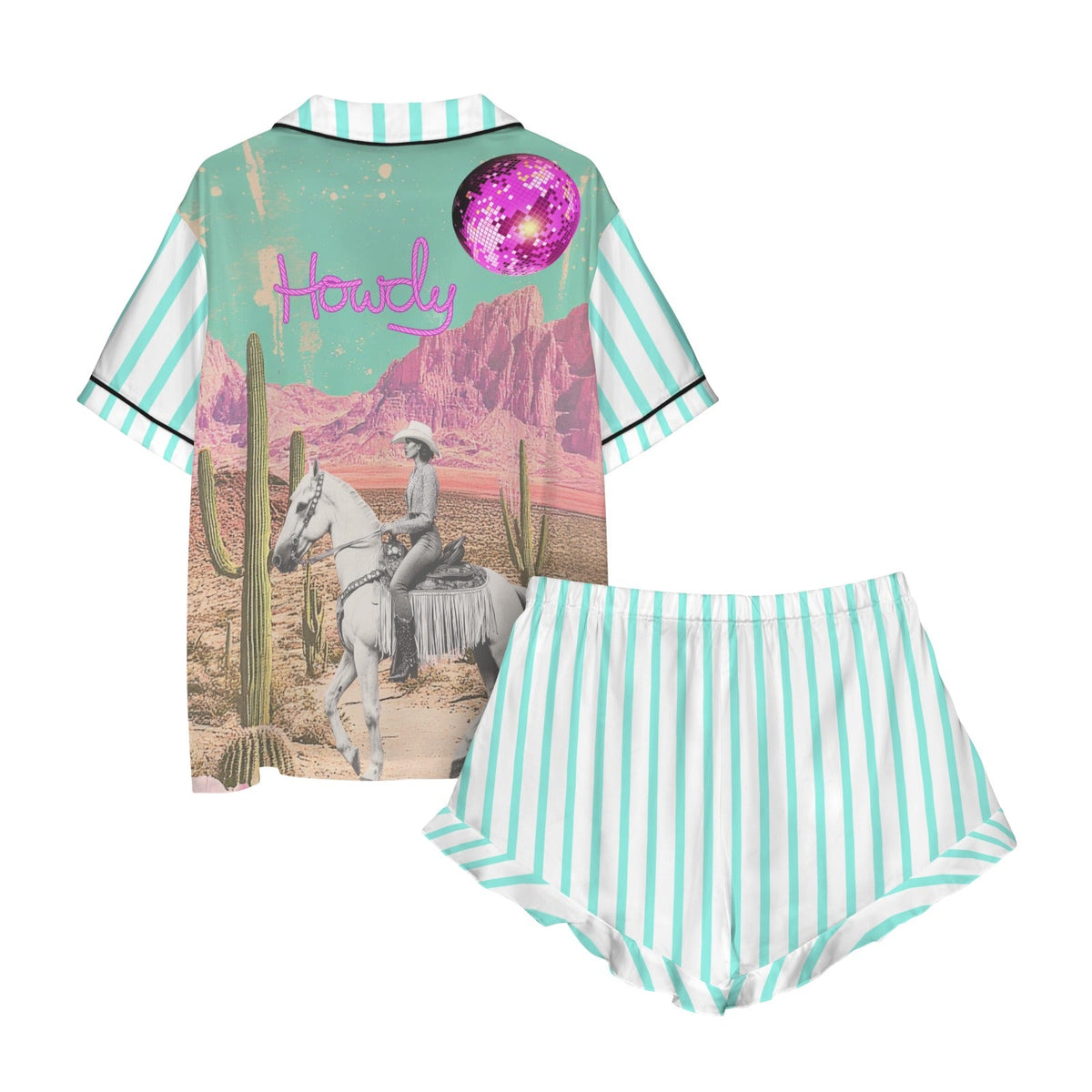 Baha Ranch Retro Pop Western Howdy Desert Cowgirl Satin Pajamas