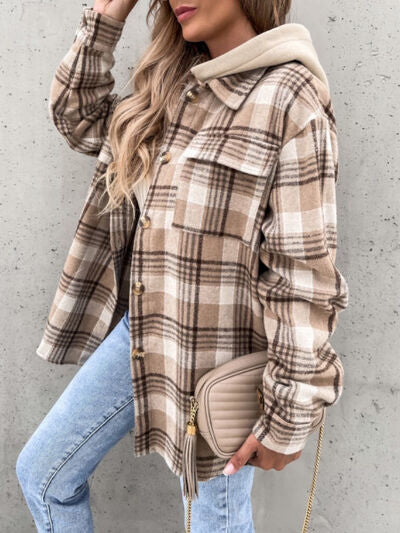 Vintage Retro Style Women Camel Plaid Button Up Jacket with Removable Hood Classic & Cozy Everyday Wear