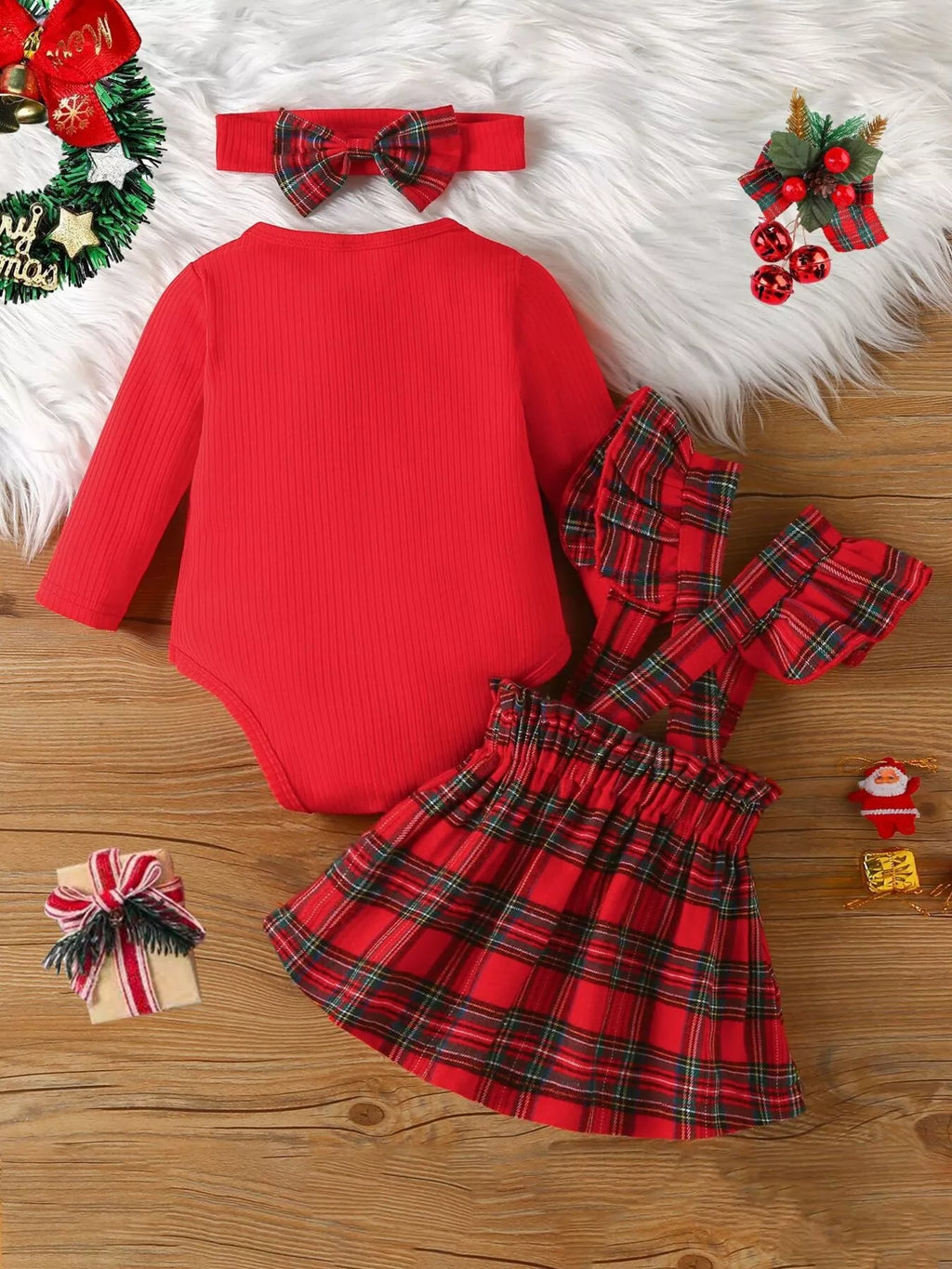 Children's First Christmas Bodysuit and Plaid Dress Outfit Set with Headband