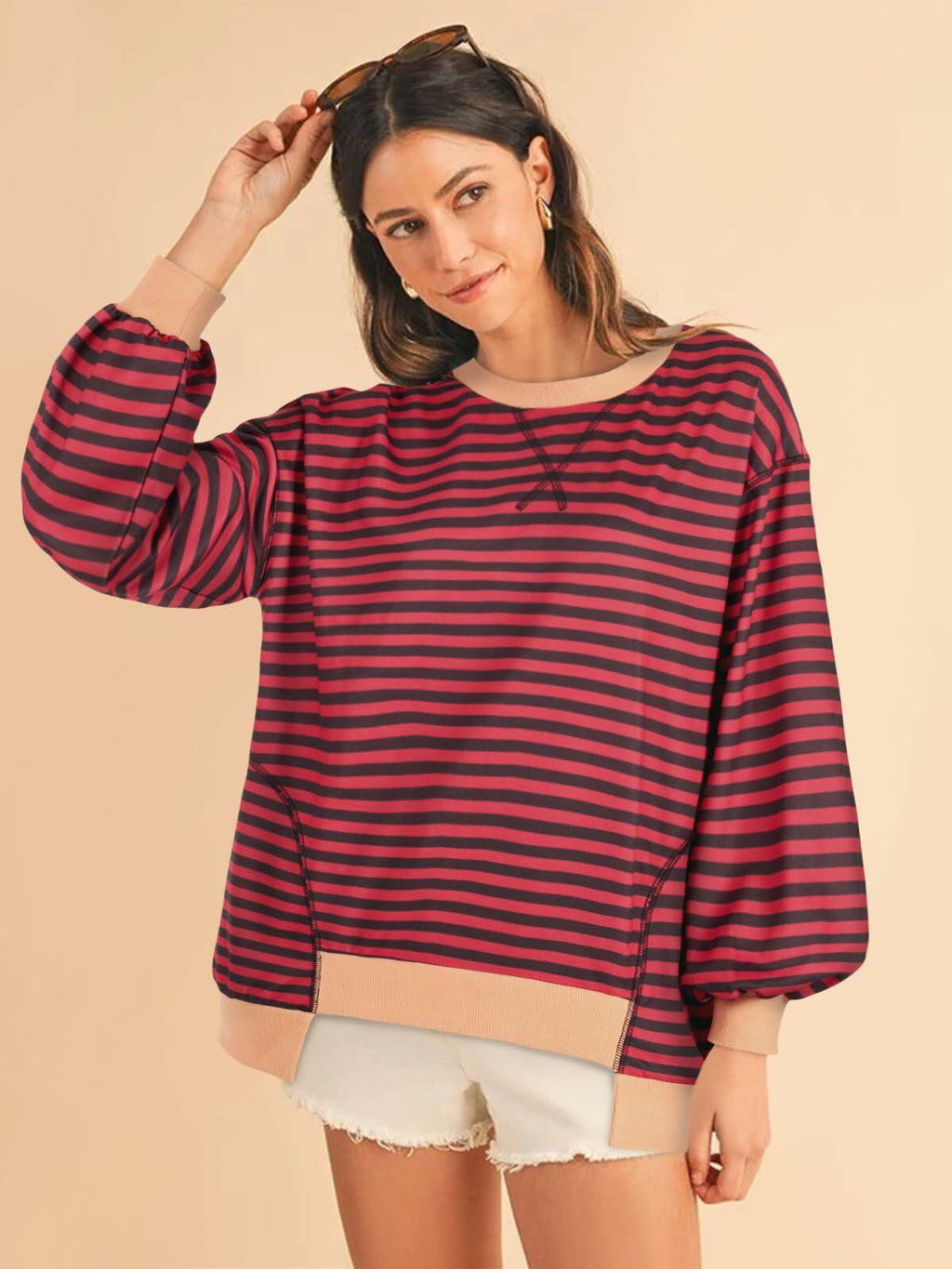 Womens Oversized Sweatshirt Cotton Long Sleeve Pullover Wine Purple Size L