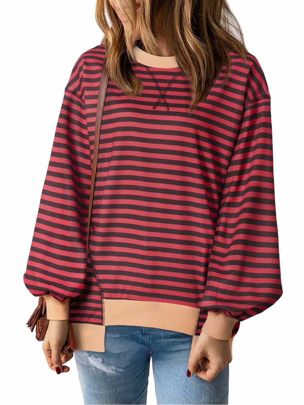 Womens Oversized Sweatshirt Cotton Long Sleeve Pullover Wine Purple Size L